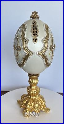 Signed Victoria Ostrich Egg Ivory Gold Tone Rhinestones Pedestal Swan Lake Music