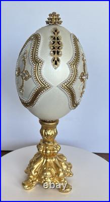 Signed Victoria Ostrich Egg Ivory Gold Tone Rhinestones Pedestal Swan Lake Music