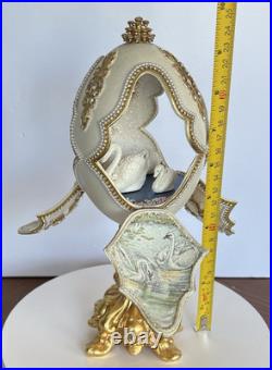 Signed Victoria Ostrich Egg Ivory Gold Tone Rhinestones Pedestal Swan Lake Music