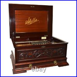 Stella 17 Disc Music Box, Large 29 Mahogany Carved Case with Drawer, 50 Discs