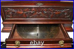 Stella 17 Disc Music Box, Large 29 Mahogany Carved Case with Drawer, 50 Discs