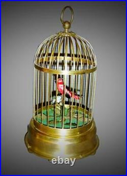 Superb Antique German Music Red Cardinal Singing Bird Gilt Cage Automaton