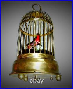 Superb Antique German Music Red Cardinal Singing Bird Gilt Cage Automaton