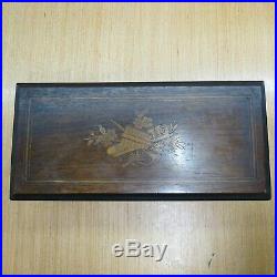 Swiss Cylinder Music Box Zither 6 Air Floral Inlay Lid Tune Card Antique