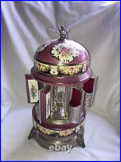 Swiss Italy Reuge Porcelain Silverplate Cigarette Lipstick Carousel Music Box