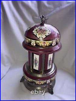 Swiss Italy Reuge Porcelain Silverplate Cigarette Lipstick Carousel Music Box