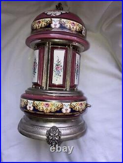 Swiss Italy Reuge Porcelain Silverplate Cigarette Lipstick Carousel Music Box