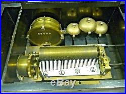 Swiss Music Box, Antique, 8 Tunes Pin Roller 3 Bells and Drum working C. 1800s