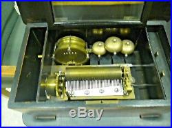 Swiss Music Box, Antique, 8 Tunes Pin Roller 3 Bells and Drum working C. 1800s