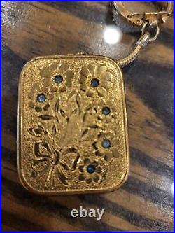 Swiss Reuge Ste Croix music box pendant Key Chain Works Floral Rhinestones Blue