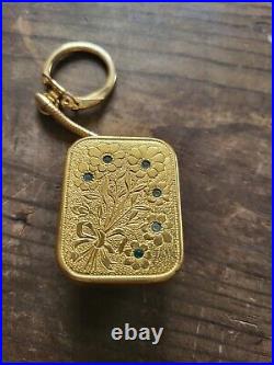 Swiss Reuge Ste Croix music box pendant Key Chain Works Floral Rhinestones Blue