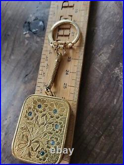 Swiss Reuge Ste Croix music box pendant Key Chain Works Floral Rhinestones Blue