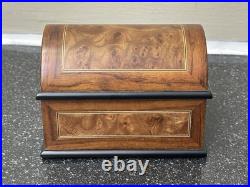 Swiss Romance Burl Inlay Domed Jewelry Music Box with Glass Window Tested