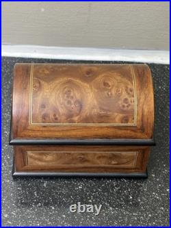 Swiss Romance Burl Inlay Domed Jewelry Music Box with Glass Window Tested