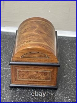 Swiss Romance Burl Inlay Domed Jewelry Music Box with Glass Window Tested