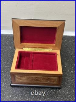 Swiss Romance Burl Inlay Domed Jewelry Music Box with Glass Window Tested