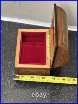 Swiss Romance Burl Inlay Domed Jewelry Music Box with Glass Window Tested