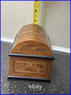 Swiss Romance Burl Inlay Domed Jewelry Music Box with Glass Window Tested