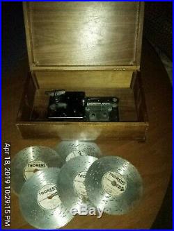 Swiss THORENS Disc Music Box with 5 Discs Produced 1940-1970 10in X 6in X 2in
