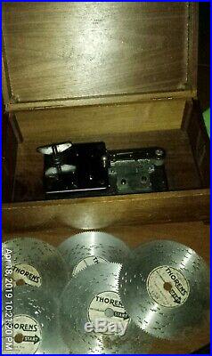 Swiss THORENS Disc Music Box with 5 Discs Produced 1940-1970 10in X 6in X 2in