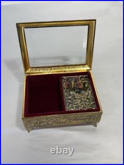 VINTAGE ENAMEL BUTTERFLY AUTOMATON MUSIC BOX JEWELRY BOX Working Tested