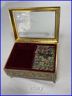 VINTAGE ENAMEL BUTTERFLY AUTOMATON MUSIC BOX JEWELRY BOX Working Tested