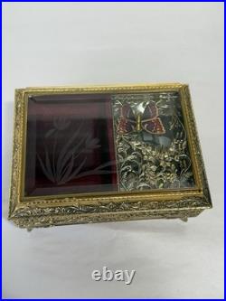 VINTAGE ENAMEL BUTTERFLY AUTOMATON MUSIC BOX JEWELRY BOX Working Tested