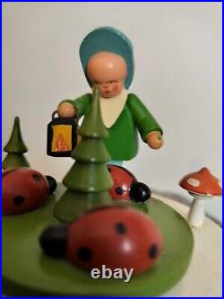 VINTAGE Erzgebirge Early Music Box Child & Mushrooms & Ladybugs Germany RARE