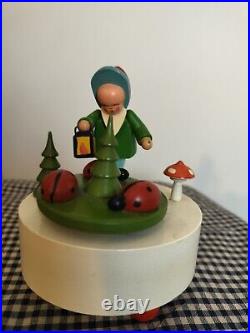 VINTAGE Erzgebirge Early Music Box Child & Mushrooms & Ladybugs Germany RARE