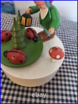 VINTAGE Erzgebirge Early Music Box Child & Mushrooms & Ladybugs Germany RARE