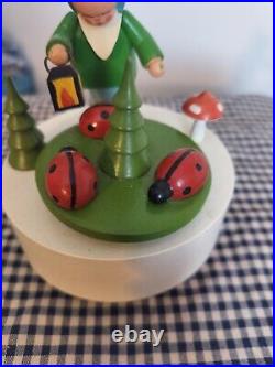 VINTAGE Erzgebirge Early Music Box Child & Mushrooms & Ladybugs Germany RARE