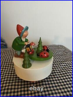 VINTAGE Erzgebirge Early Music Box Child & Mushrooms & Ladybugs Germany RARE