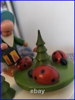 VINTAGE Erzgebirge Early Music Box Child & Mushrooms & Ladybugs Germany RARE