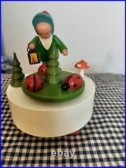 VINTAGE Erzgebirge Early Music Box Child & Mushrooms & Ladybugs Germany RARE