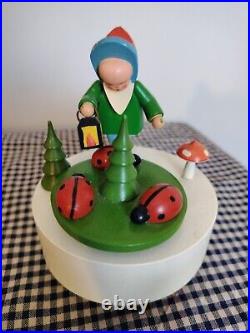 VINTAGE Erzgebirge Early Music Box Child & Mushrooms & Ladybugs Germany RARE