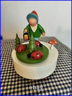 VINTAGE Erzgebirge Early Music Box Child & Mushrooms & Ladybugs Germany RARE