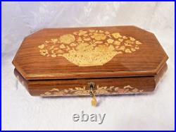 VINTAGE ITALIAN INLAID WOOD REUGE MUSICAL JEWELRY BOX WithKEY LARGE 14.75x7.25x3.7