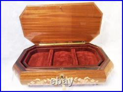 VINTAGE ITALIAN INLAID WOOD REUGE MUSICAL JEWELRY BOX WithKEY LARGE 14.75x7.25x3.7
