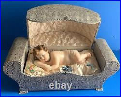 VINTAGE-WAX BABY JESUS-MUSIC BOX-AUTOMATON-by PANTALEONE-see VIDEO-WORKS