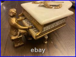 VTG 1920 Swiss Marble & Bronze Music Box Thorens Reuge Grand Piano Bronze Figure
