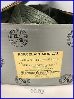 VTG 1970s BERMAN ANDERSON PORCELAIN MUSICAL GIRL w GEESE SPEAK SOFTLY LOVE MIB