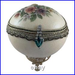 VTG Ostrich Egg Bride Jewelry Music Box Hand Painted Green Jewels Brass Ped