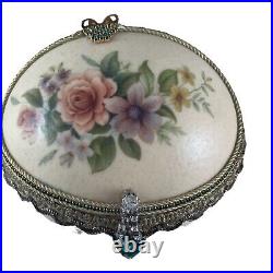 VTG Ostrich Egg Bride Jewelry Music Box Hand Painted Green Jewels Brass Ped
