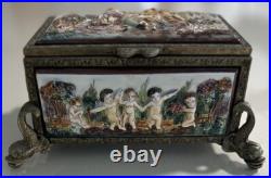 VTG Reuge Music Jewelry Box Fish Footed Raised Porcelain Cherubs Man Woman Italy VTG Reuge Music Jewelry Box Fish Footed Raised Porcelain Cherubs Man Woman Italy