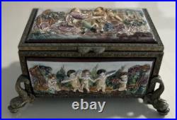 VTG Reuge Music Jewelry Box Fish Footed Raised Porcelain Cherubs Man Woman Italy VTG Reuge Music Jewelry Box Fish Footed Raised Porcelain Cherubs Man Woman Italy