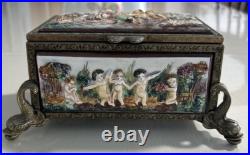 VTG Reuge Music Jewelry Box Fish Footed Raised Porcelain Cherubs Man Woman Italy VTG Reuge Music Jewelry Box Fish Footed Raised Porcelain Cherubs Man Woman Italy