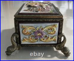 VTG Reuge Music Jewelry Box Fish Footed Raised Porcelain Cherubs Man Woman Italy VTG Reuge Music Jewelry Box Fish Footed Raised Porcelain Cherubs Man Woman Italy