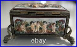 VTG Reuge Music Jewelry Box Fish Footed Raised Porcelain Cherubs Man Woman Italy VTG Reuge Music Jewelry Box Fish Footed Raised Porcelain Cherubs Man Woman Italy