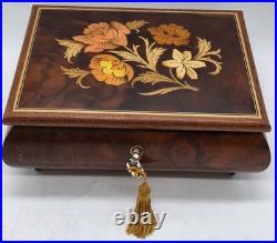 VTG Reuge Swiss Music Box Italy Inlaid Spanish Eyes Marquetry Jewelry Box Key