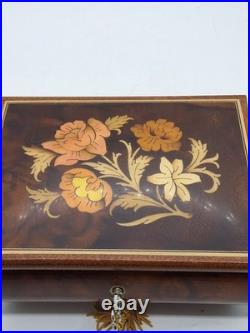 VTG Reuge Swiss Music Box Italy Inlaid Spanish Eyes Marquetry Jewelry Box Key